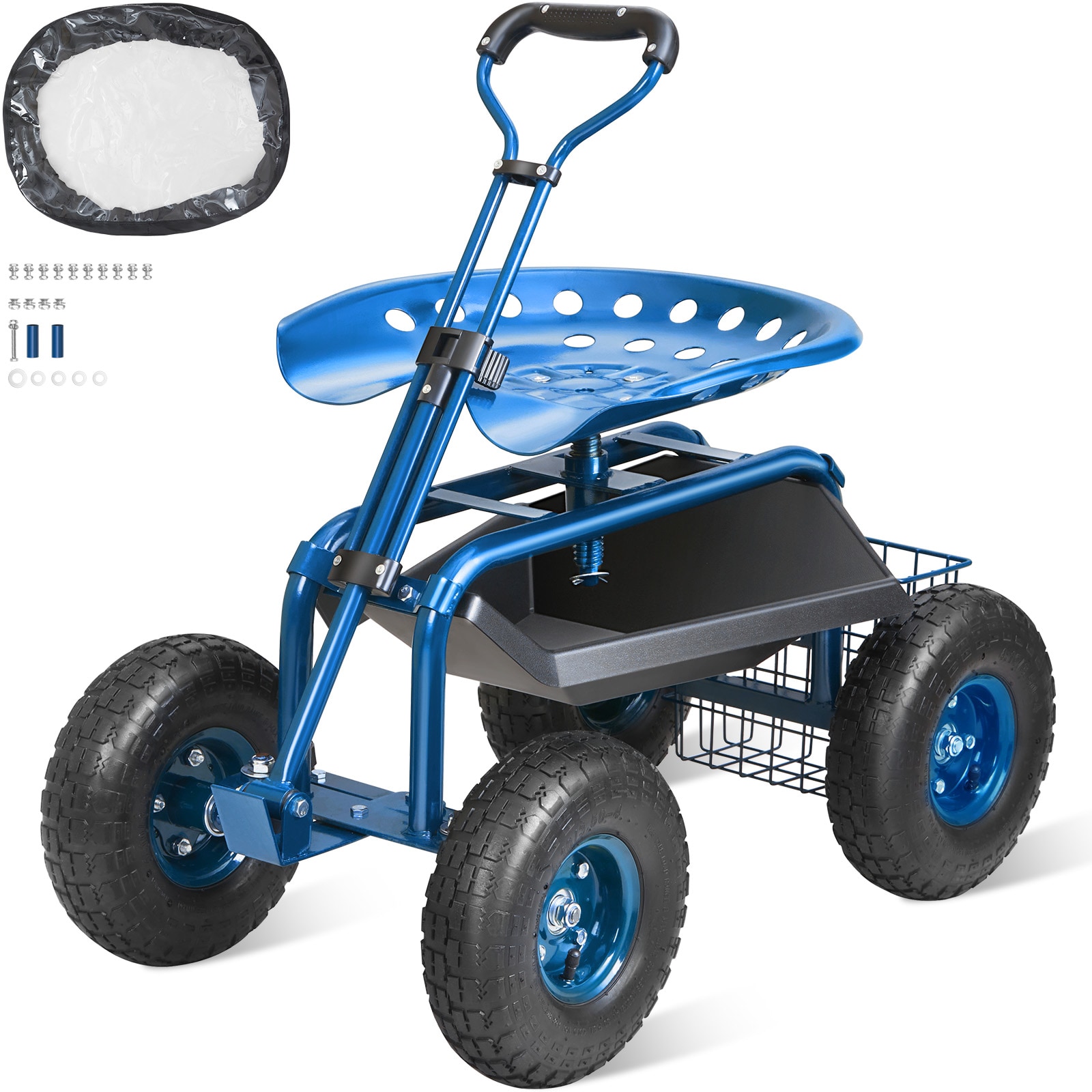 Garden Rolling Work Seat With Swivel Chair And Tool Tray Blue_voghion.com